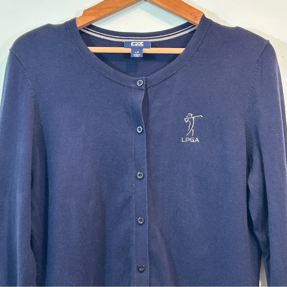 Cutter & Buck Navy Blue Cardigan LPGA Gray Cuffs Women’s Preppy Golf Activewear